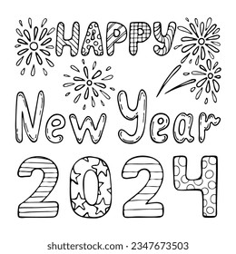 Happy New Year 2024 coloring book. Hand drawn line art illustration.