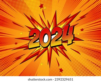 Alles Gute für das neue Jahr 2024! Cartoon-Vektorgrafik auf Rot.