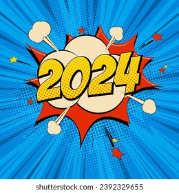 Happy new year 2024 comic greetings card with lightning blast. Cartoon Vector Illustration on blue.