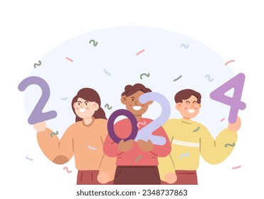 happy new year 2024. commemorating new year celebration with best friends or friends. have fun with family. people are happy to welcome the new year. holding 2024 numbers. cartoon illustration concept