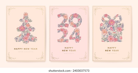 Schönes neues Jahr 2024 Komposition mit handgezeichneten Blumen auf rosafarbenem Hintergrund. Fest-Banner oder Grußkartendesign-Template-Set. Vektorgrafik