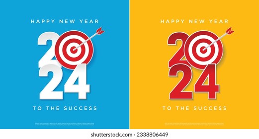 Happy New Year 2024 concept. Greeting card and round target with arrow. New goals for 2024 year success. set of 2024 square background.