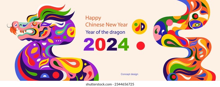 Happy New Year 2024 concept design. Happy Chinese New Year 2024 vector design. Symbol of 2024. Year of the Dragon. 2024 Happy New Year template. Vector illustration with colorful Dragon in folk style.