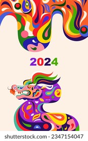 Happy New Year 2024 concept design. Happy Chinese New Year 2024 vector design. Symbol of 2024. Year of the Dragon. 2024 Happy New Year template. Vector illustration with colorful Dragon in folk style.