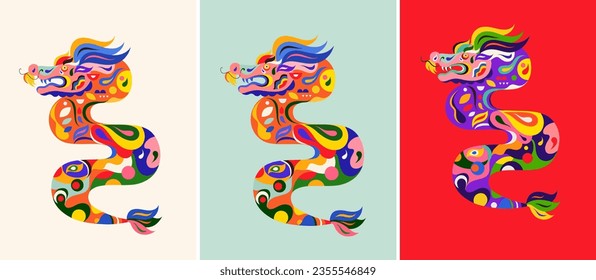 Happy New Year 2024 concept design. Happy Chinese New Year 2024 vector design. Symbol of 2024. Year of the Dragon. 2024 Happy New Year template. Vector illustration with colorful Dragon in folk style.