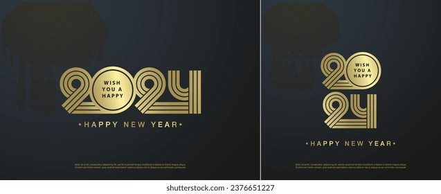 Happy New Year 2024 concept. 2024 happy new year luxury gold number. Vector illustration on set black background.