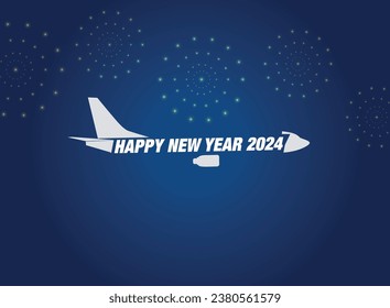 Happy New year 2024 concept travel on the blue background below with plane vector illustration. Vector drawing by passenger airplane new year concept.