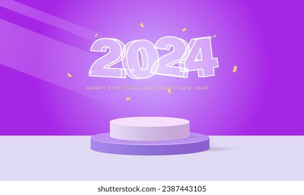 Happy new year 2024 concept 3D with podium. Glass text with golden ribbon. New year celebration concept for greeting card, banner, post template, poster. Vector illustration