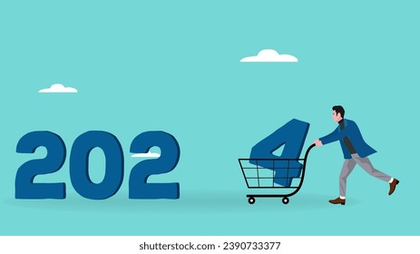 happy new year 2024 concept design with Illustration of a person carrying the number 4 using a shopping basket to compose the year 2024 suitable for new year event 