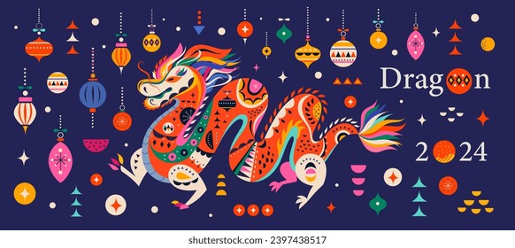 Happy New Year 2024 concept design. Chinese dragon vector illustration. Happy Chinese New Year 2024 vector design. Symbol of 2024. Year of the Dragon. 