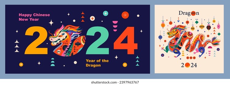 Happy New Year 2024 concept design. Chinese dragon vector illustration. Happy Chinese New Year 2024 vector design. Symbol of 2024. Year of the Dragon. 