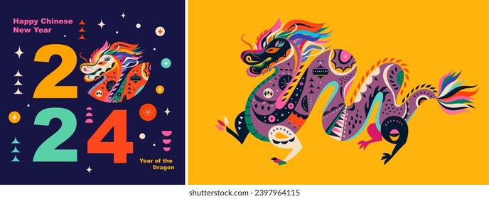 Happy New Year 2024 concept design. Chinese dragon vector illustration. Happy Chinese New Year 2024 vector design. Symbol of 2024. Year of the Dragon. 