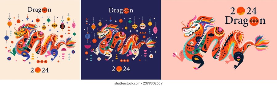 Feliz diseño conceptual de Año Nuevo 2024. Ilustración vectorial del dragón chino. Feliz diseño vectorial de Año Nuevo Chino 2024. Símbolo de 2024. Año del Dragón. 