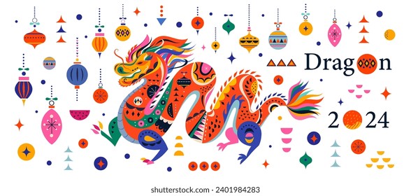 Happy New Year 2024 concept design. Chinese dragon vector illustration. Happy Chinese New Year 2024 vector design. Symbol of 2024. 