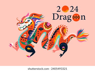 Happy New Year 2024 concept design. Chinese dragon vector illustration. Happy Chinese New Year 2024 vector design. Symbol of 2024. 