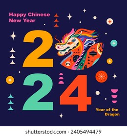 Happy New Year 2024 concept design. Chinese dragon vector illustration. Happy Chinese New Year 2024 vector design. Symbol of 2024. Year of the Dragon. 