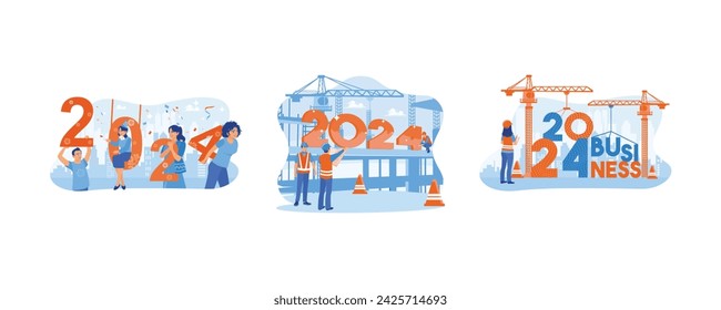 Happy New Year 2024 concept. Happy celebrating the New Year party, preparing an event to welcome New Year's Eve 2024, and standing in front of 2024 business writing. 