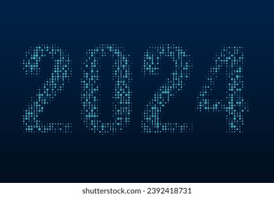 Happy New Year 2024 consists of a bright blue digital data matrix of binary numbers isolated on a dark blue background. Technology, coding, or big data concept. Vector illustration