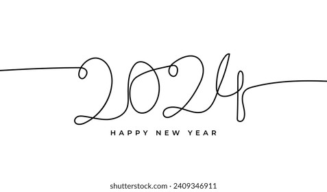 Happy New Year 2024 continuous line. Design template for greeting, advertisement, background, banner, poster