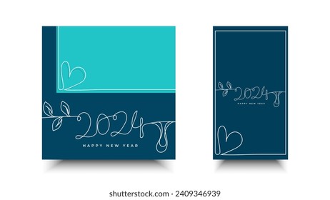 Happy New Year 2024 continuous line. Design template for greeting, advertisement, background, banner, poster