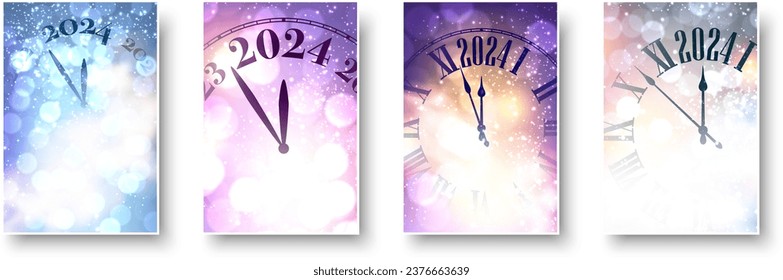 Happy new year 2024 countdown clock on purple and blue abstract glittering background with blurred sparkles and lights. Set of cards. Vector illustration.