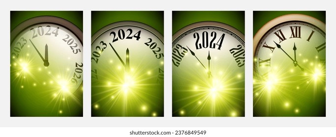 Happy new year 2024 countdown clock on golden and green abstract glittering background with fireworks and blurred lights. Set of cards. Vector illustration.