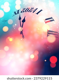 Happy new year 2024 countdown clock on vertical abstract colorful banner with copy space. Party invitation card. Vector illustration.
