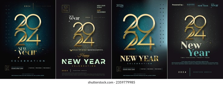 Afiche de diseño de portada de Feliz Año Nuevo 2024. Con la ilustración de relojes 3D estilo de fantasía realista con colores fuertes. Diseño vectorial premium para celebraciones e invitaciones.