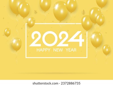 Happy new year 2024 with creative yellow balloon concept on pastel yellow background for copy space. minimal concept. Vector Illustration
