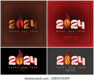 Happy New Year 2024 Creative Logo Design with Coffee Bean. Calendar header number 2024 is made from Coffee Beans with typography on a dark background. 3D illustration, Rendering. Vector design.