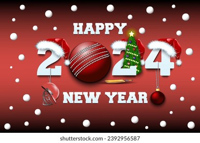 Happy new year. 2024 with cricket ball. Numbers in Christmas hats with cricket helmet and Christmas tree ball. Original template design for greeting card. Vector illustration on isolated background