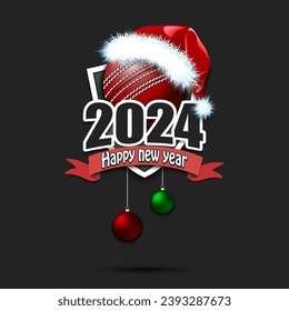 Happy new year 2024. Cricket logo template design. Cricket ball in santa hat. Design pattern for greeting card, banner, poster. Vector illustration on isolated background