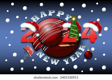 Happy new year. 2024 with cricket ball. Numbers in Christmas hats with cricket helmet and Christmas tree ball. Original template design for greeting card. Vector illustration on isolated background