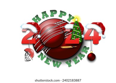 Happy new year. 2024 with cricket ball. Numbers in Christmas hats with cricket helmet and Christmas tree ball. Original template design for greeting card. Vector illustration on isolated background