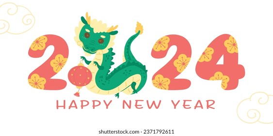 Happy New Year 2024 with cute baby Chinese dragon illustration, capturing the essence of tradition and joy. This cheerful, playful cartoon character brings vibrant colors and happiness to your designs