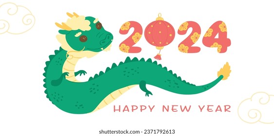 Happy New Year 2024 with cute baby Chinese dragon illustration, capturing the essence of tradition and joy. This cheerful, playful cartoon character brings vibrant colors.