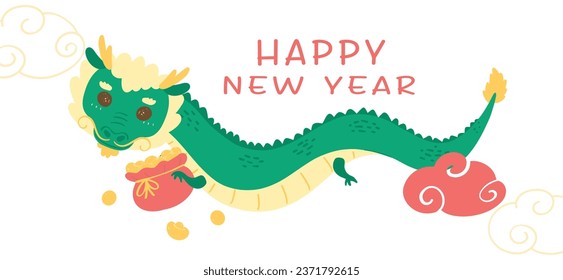 Happy New Year 2024 with cute baby Chinese dragon illustration, capturing the essence of tradition and joy. This cheerful, playful cartoon character brings vibrant colors and happiness to your designs