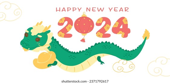 Feliz Año Nuevo 2024 con una tierna ilustración del dragón chino, capturando la esencia de la tradición y la alegría. Este animado y juguetón personaje de caricatura aporta colores vibrantes y felicidad a los diseños