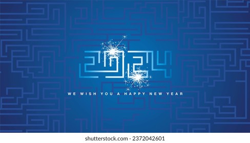 Happy New Year 2024 cyberspace abstract high technology modern and mystic 2024 typography white light sparkle firework blue background