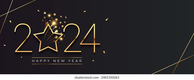 happy new year 2024 dark banner with bursting star and confetti vector