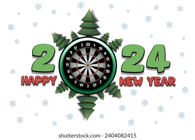 Happy new year. 2024 with dartboard and Christmas trees. Original template design for greeting card, banner, poster. Vector illustration on isolated background