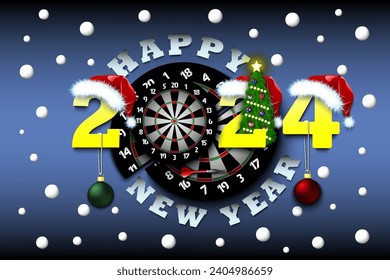 Happy new year. 2024 with dartboard. Numbers in Christmas hats with Christmas tree balls. Original template design for greeting card. Vector illustration on isolated background