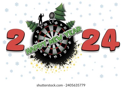 Happy new year. 2024 with dartboard, Christmas trees, darts player and fans. Original template design for greeting card, banner, poster. Vector illustration on isolated background