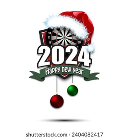 Happy new year 2024. Darts logo template design. Dartboard in santa hat. Design pattern for greeting card, banner, poster. Vector illustration on isolated background