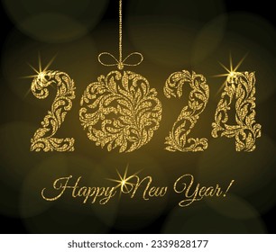 Happy New Year 2024. Decorative Font made of swirls and floral elements. Golden numbers and Christmas ball with sparks on a dark background.