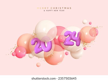 Happy New Year 2024. Decorative Christmas Round transparent bubbles balls with realistic plastic cartoon 3d number. Xmas Poster, banner, cover card, brochure, flyer, layout design. Vector illustration