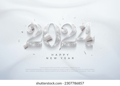 Feliz diseño del año nuevo 2024. Con números metálicos brillantes de plata. Vector realista en 3d brillante. Diseño portador premium feliz año 2024 para afiches, banner, calendario y más.