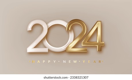 Happy new year 2024 design with realistic gold metal number illustrations. Premium realistic festive vector design for poster, banner, greeting and New Year 2024 celebration