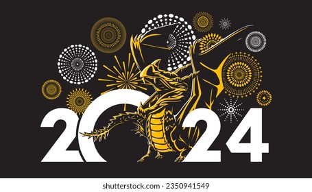 Happy New Year 2024 design with dragon on fireworks background for greeting card, poster, calendar. New year of the dragon zodiac sign.