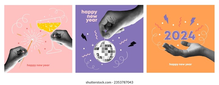 Happy new year 2024 design. With hands holding disco ball, champagne and sparkler. Colorful collage style illustrations. Vector design for poster, banner, greeting and new year 2024 celebration.	